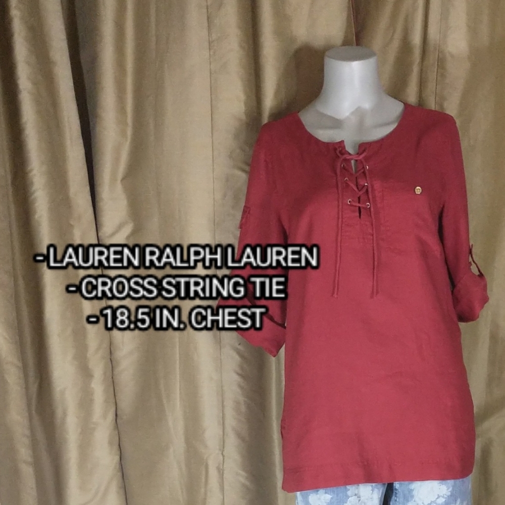 Lauren Ralph Lauren Red Cross String V-neck Tunic Blouse. Petite Size Small.